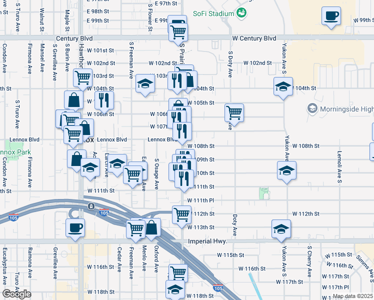 map of restaurants, bars, coffee shops, grocery stores, and more near 10817 South Prairie Avenue in Inglewood