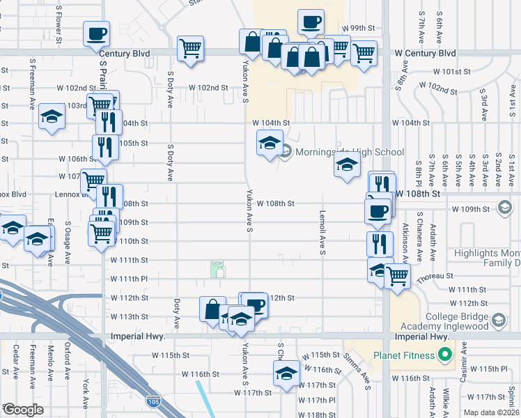 map of restaurants, bars, coffee shops, grocery stores, and more near 3538 West 108th Street in Inglewood