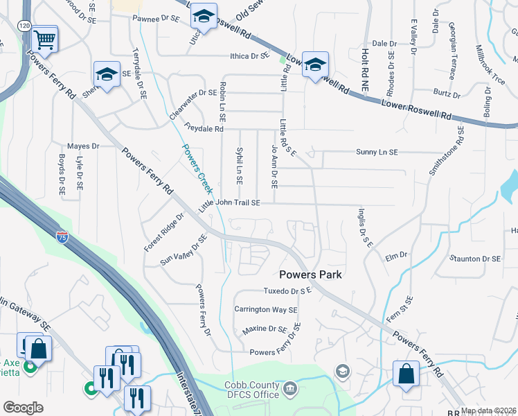map of restaurants, bars, coffee shops, grocery stores, and more near 2350 Little John Trail Southeast in Marietta