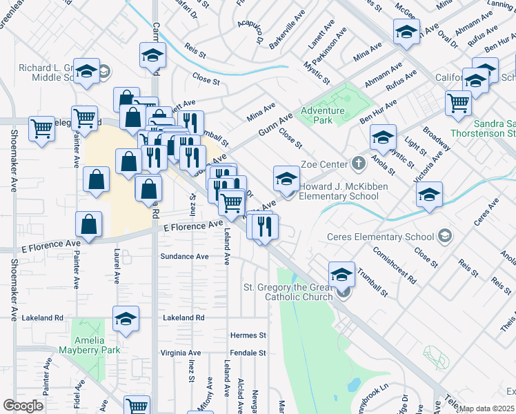 map of restaurants, bars, coffee shops, grocery stores, and more near 13752 Bentongrove Drive in Whittier