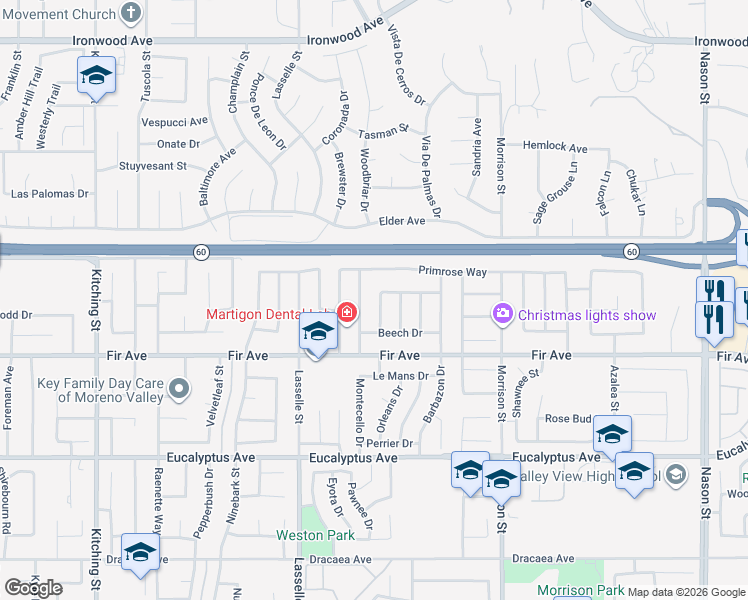 map of restaurants, bars, coffee shops, grocery stores, and more near 12621 Candlewood Lane in Moreno Valley