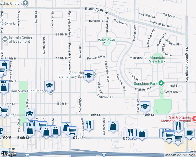 map of restaurants, bars, coffee shops, grocery stores, and more near 1061 Lilies Way in Beaumont