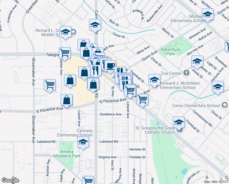 map of restaurants, bars, coffee shops, grocery stores, and more near 10634 Inez Street in Whittier