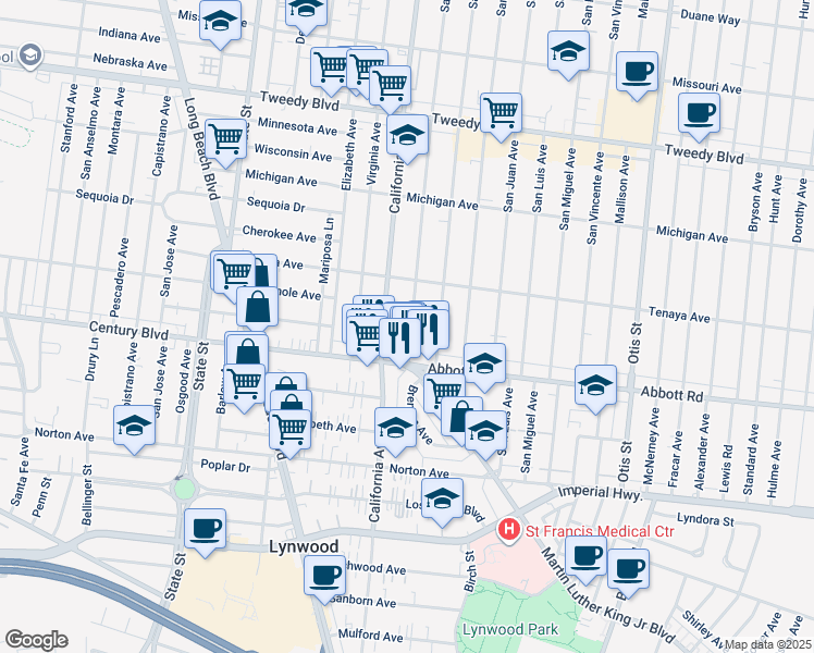 map of restaurants, bars, coffee shops, grocery stores, and more near 10531 San Antonio Avenue in South Gate