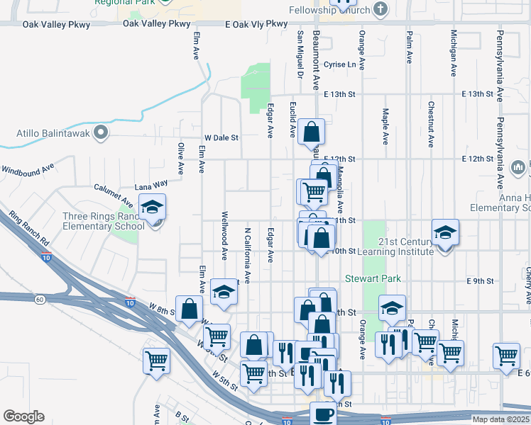 map of restaurants, bars, coffee shops, grocery stores, and more near 1105 Edgar Avenue in Beaumont