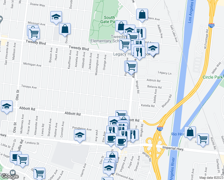 map of restaurants, bars, coffee shops, grocery stores, and more near 10316 Walnut Avenue in South Gate