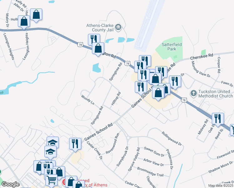 map of restaurants, bars, coffee shops, grocery stores, and more near 201 Hilltop Road in Athens