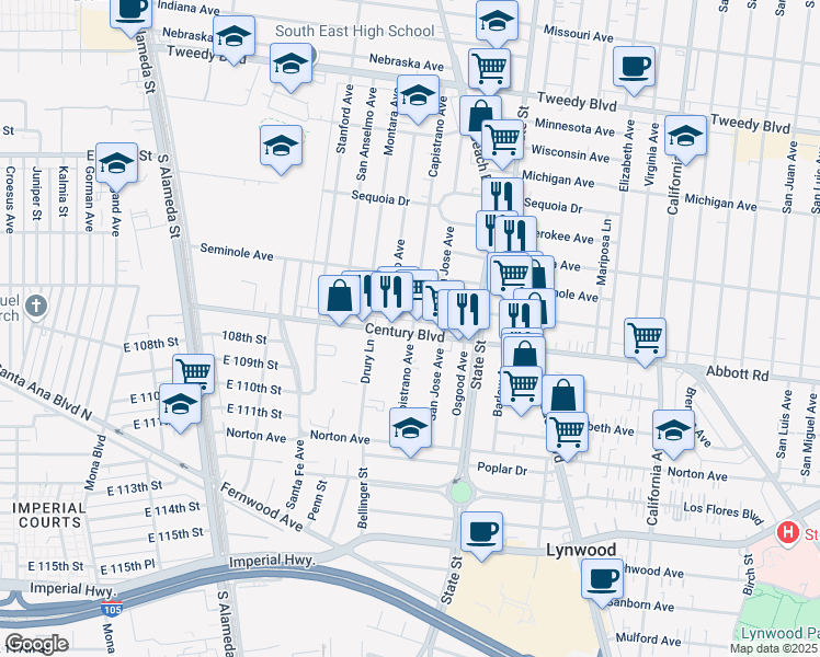 map of restaurants, bars, coffee shops, grocery stores, and more near 3077 Martin Luther King Junior Boulevard in South Gate