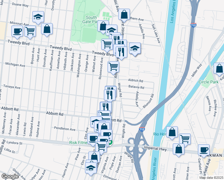 map of restaurants, bars, coffee shops, grocery stores, and more near 10309 Atlantic Avenue in South Gate