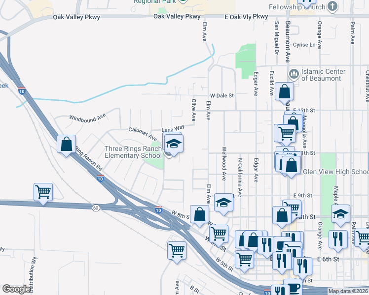 map of restaurants, bars, coffee shops, grocery stores, and more near 410 Windfields Way in Beaumont