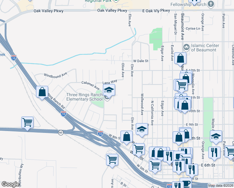 map of restaurants, bars, coffee shops, grocery stores, and more near 422 Windfields Way in Beaumont