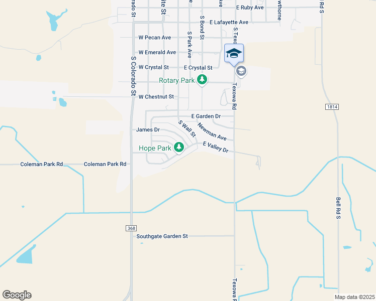 map of restaurants, bars, coffee shops, grocery stores, and more near 209 West Valley Drive in Iowa Park