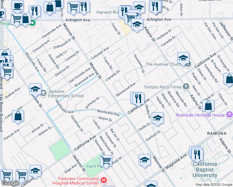 map of restaurants, bars, coffee shops, grocery stores, and more near 4334 Santee Place in Riverside