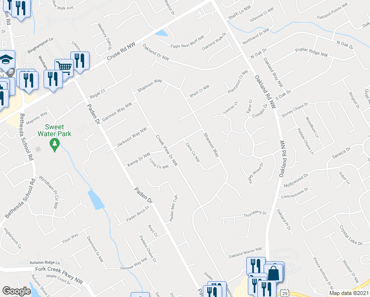 map of restaurants, bars, coffee shops, grocery stores, and more near 627 Chris Circle Northwest in Lawrenceville