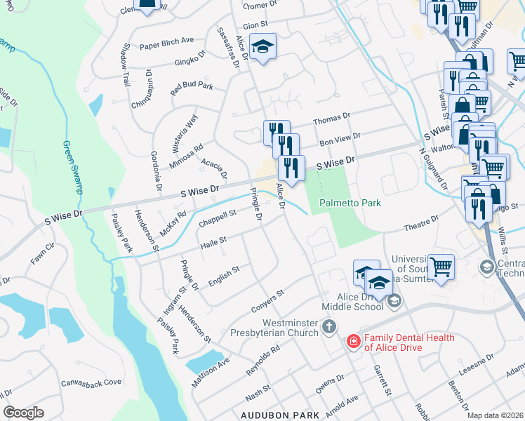 map of restaurants, bars, coffee shops, grocery stores, and more near 711 Pringle Dr in Sumter
