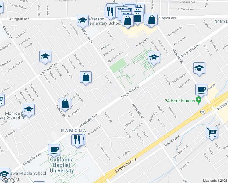 map of restaurants, bars, coffee shops, grocery stores, and more near 7955 Magnolia Avenue in Riverside