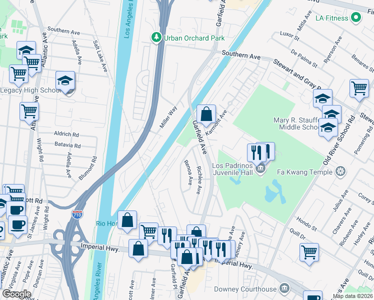 map of restaurants, bars, coffee shops, grocery stores, and more near 10237 Karmont Avenue in South Gate