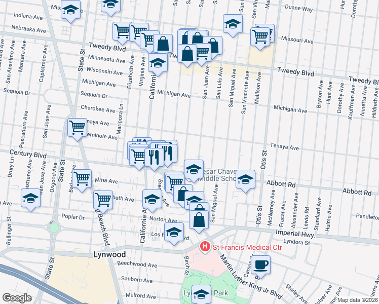 map of restaurants, bars, coffee shops, grocery stores, and more near 10514 San Gabriel Avenue in South Gate