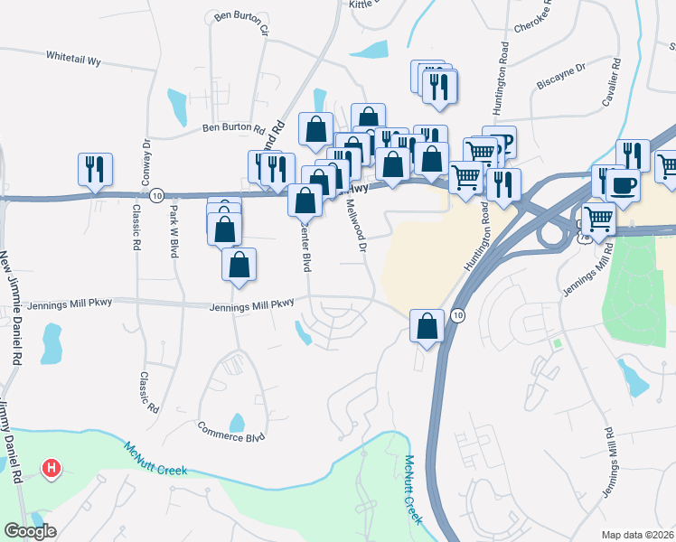 map of restaurants, bars, coffee shops, grocery stores, and more near 180 Mellwood Drive in Athens