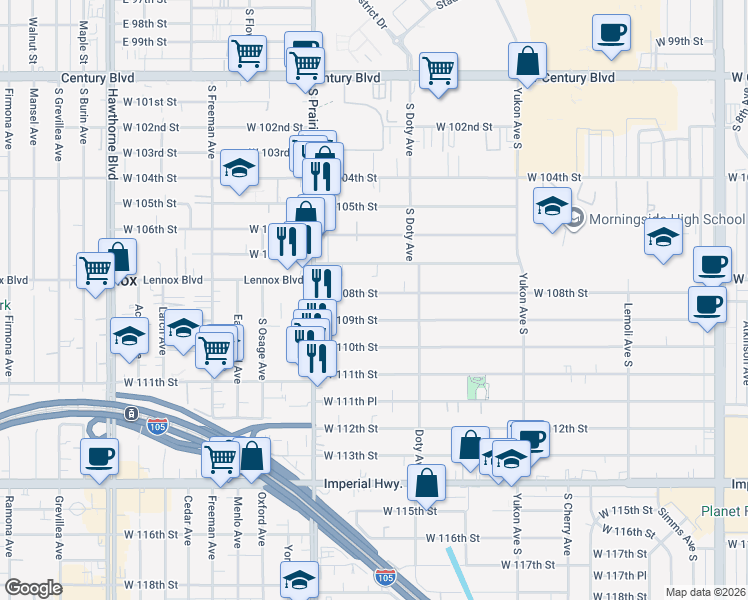 map of restaurants, bars, coffee shops, grocery stores, and more near 3856 West 108th Street in Inglewood