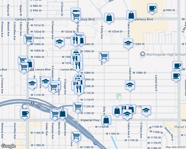 map of restaurants, bars, coffee shops, grocery stores, and more near 3856 West 108th Street in Inglewood