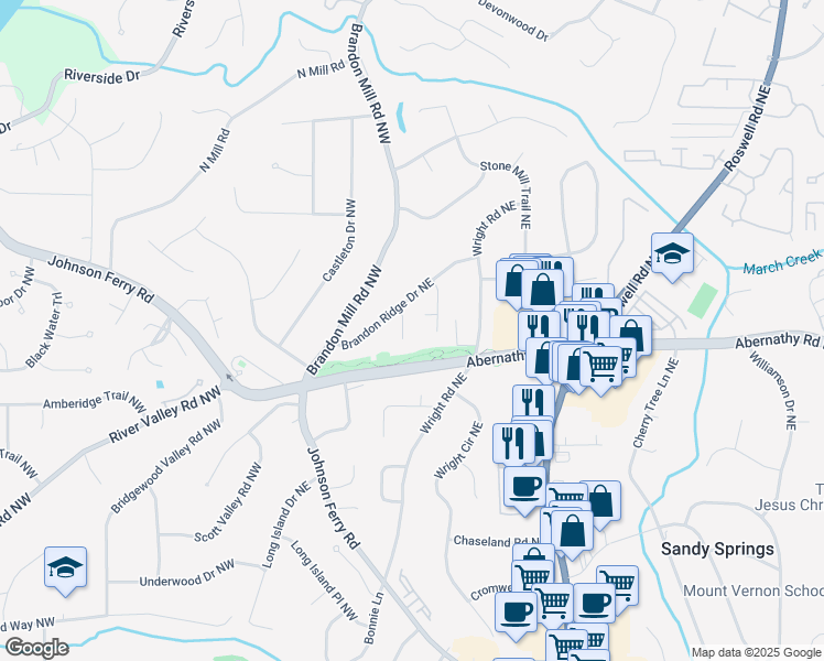 map of restaurants, bars, coffee shops, grocery stores, and more near 6715 Pine Mill Lane Northeast in Atlanta
