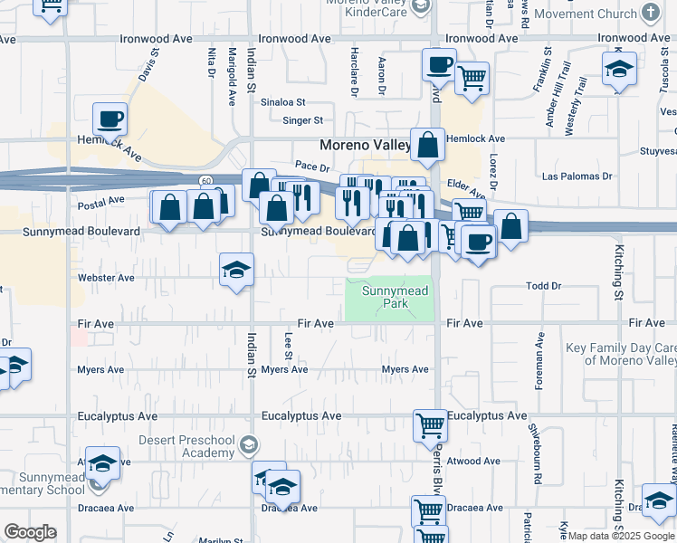 map of restaurants, bars, coffee shops, grocery stores, and more near 24736 Webster Avenue in Moreno Valley