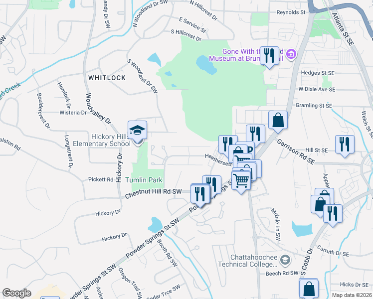 map of restaurants, bars, coffee shops, grocery stores, and more near 268 Toweridge Drive Southwest in Marietta