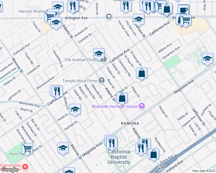 map of restaurants, bars, coffee shops, grocery stores, and more near 4079 Adams Street in Riverside