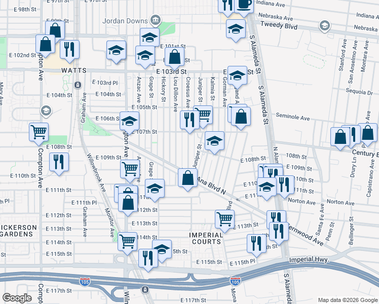 map of restaurants, bars, coffee shops, grocery stores, and more near 10745 Juniper Street in Los Angeles