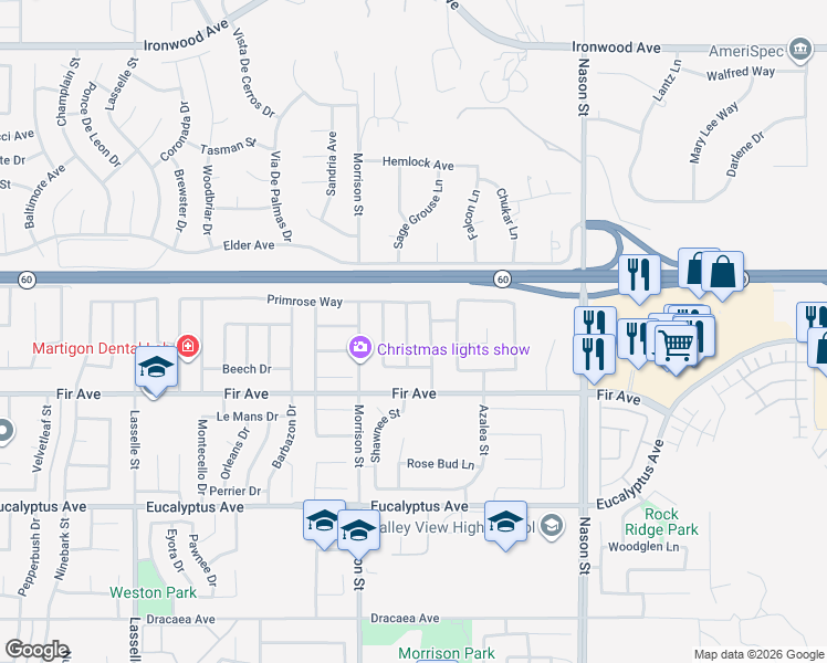 map of restaurants, bars, coffee shops, grocery stores, and more near 12624 Torrey Pine Road in Moreno Valley