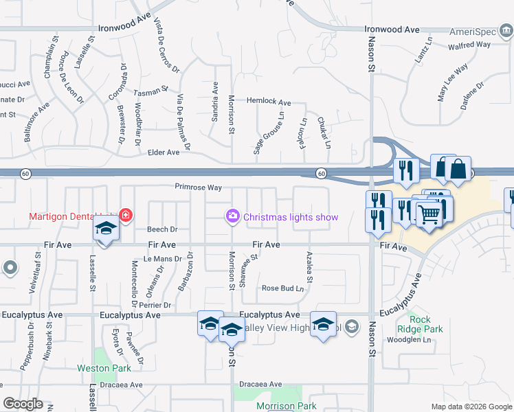 map of restaurants, bars, coffee shops, grocery stores, and more near 12624 Torrey Pine Road in Moreno Valley