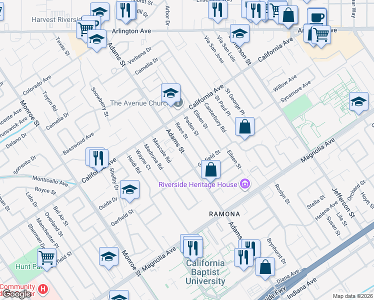 map of restaurants, bars, coffee shops, grocery stores, and more near 4079 Adams Street in Riverside