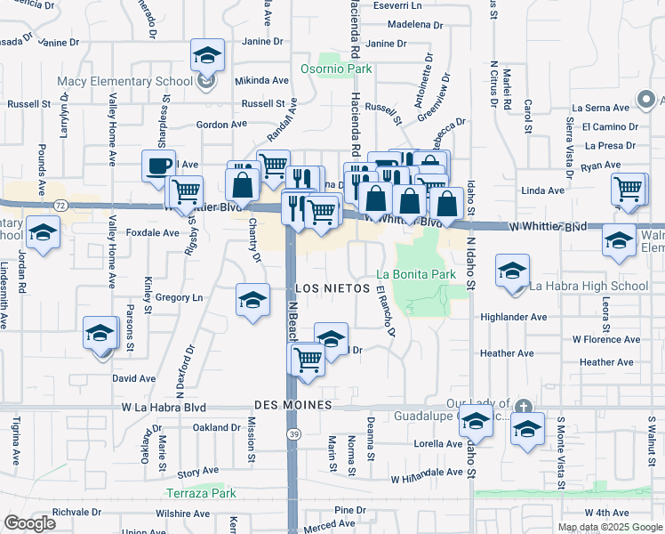 map of restaurants, bars, coffee shops, grocery stores, and more near 650 Ridgeway Lane in La Habra
