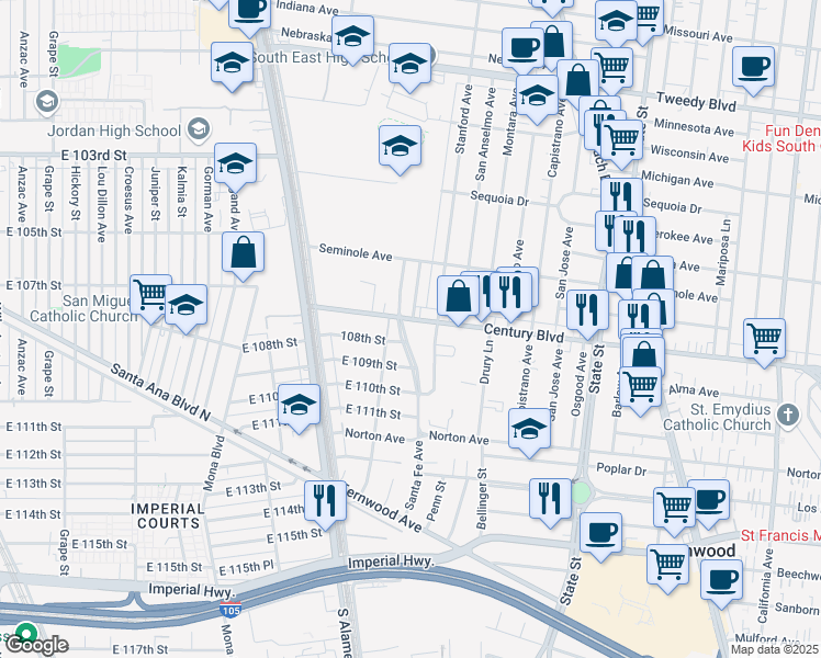 map of restaurants, bars, coffee shops, grocery stores, and more near 2772 Martin Luther King Junior Boulevard in Lynwood