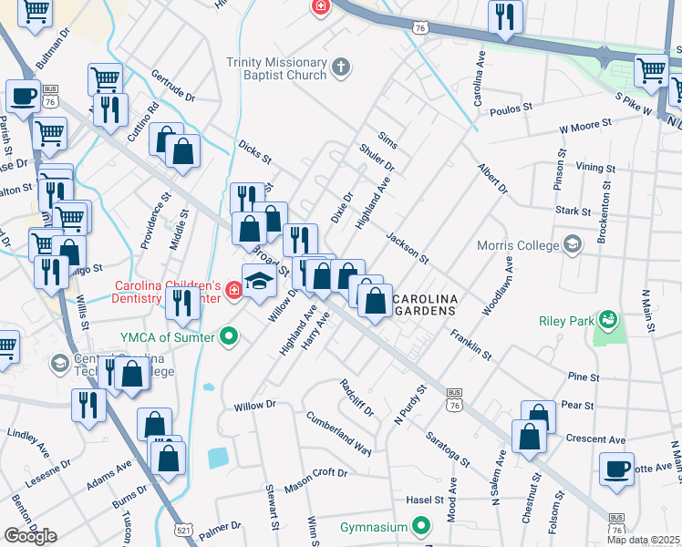 map of restaurants, bars, coffee shops, grocery stores, and more near 115 Highland Avenue in Sumter