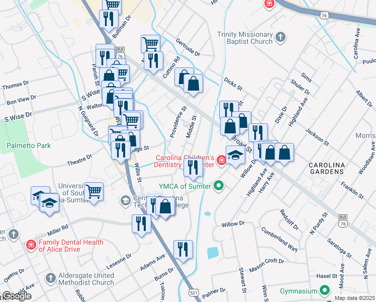 map of restaurants, bars, coffee shops, grocery stores, and more near 95 Community Street in Sumter