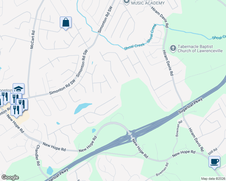 map of restaurants, bars, coffee shops, grocery stores, and more near 1194 Simonton Hill Court Southeast in Lawrenceville