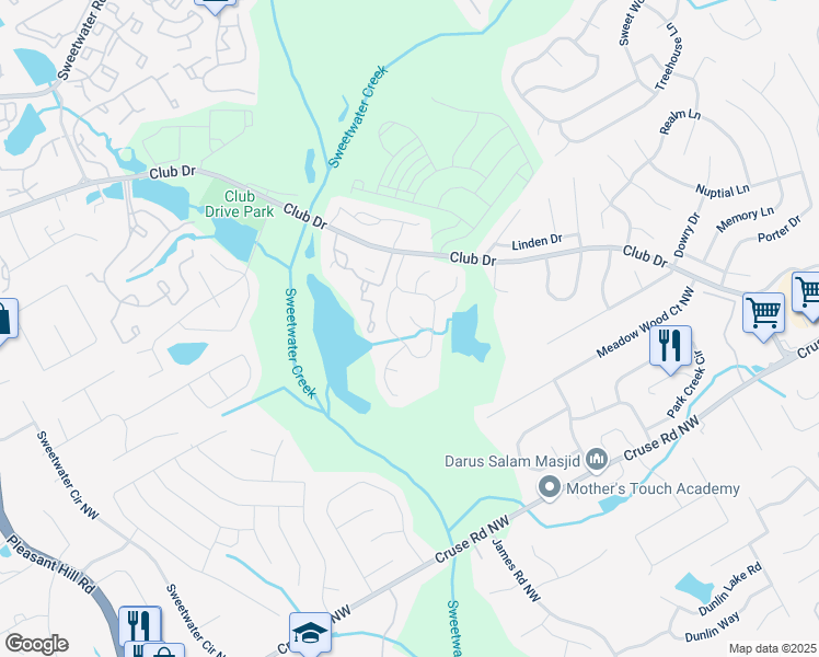 map of restaurants, bars, coffee shops, grocery stores, and more near 3232 Kibbe Court in Lawrenceville