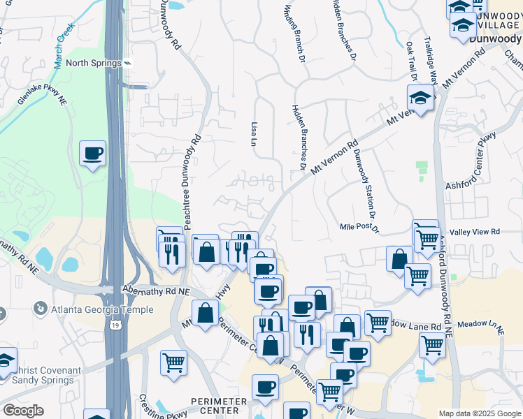 map of restaurants, bars, coffee shops, grocery stores, and more near 914 Preston Woods Trail in Sandy Springs