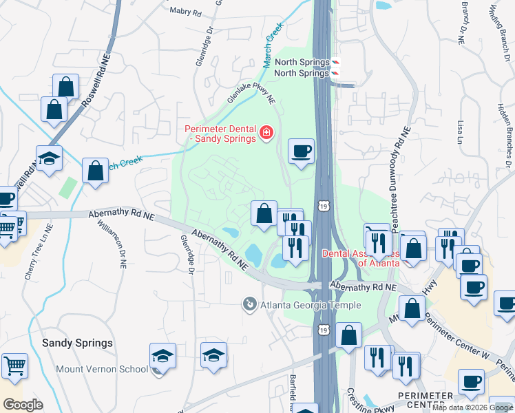 map of restaurants, bars, coffee shops, grocery stores, and more near 6677 Artisan Alley in Sandy Springs