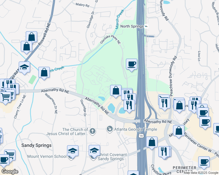 map of restaurants, bars, coffee shops, grocery stores, and more near 6652 Cadence Boulevard in Sandy Springs