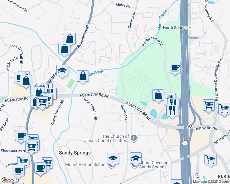 map of restaurants, bars, coffee shops, grocery stores, and more near 527 Willow Heights Drive Northeast in Sandy Springs