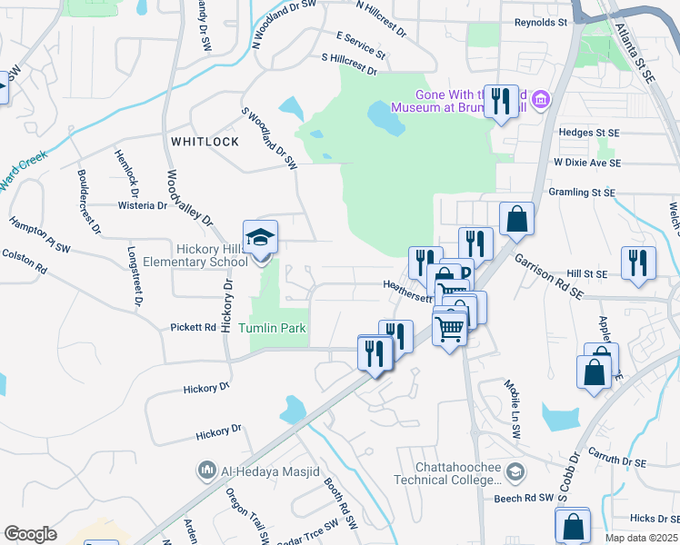 map of restaurants, bars, coffee shops, grocery stores, and more near 268 Toweridge Drive Southwest in Marietta