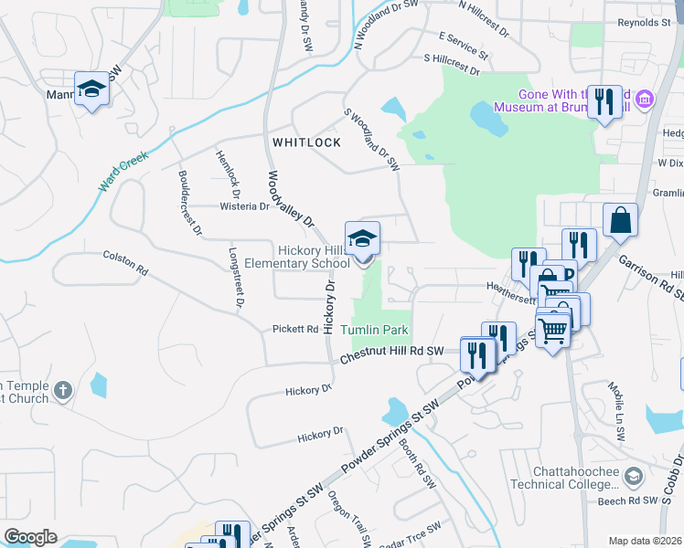 map of restaurants, bars, coffee shops, grocery stores, and more near 631 Hickory Drive in Marietta