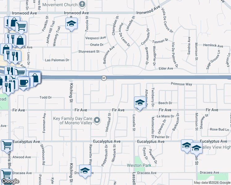 map of restaurants, bars, coffee shops, grocery stores, and more near 12596 Broadleaf Lane in Moreno Valley