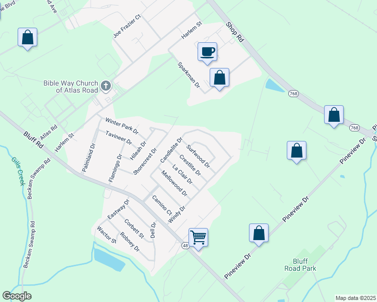 map of restaurants, bars, coffee shops, grocery stores, and more near 4316 Surfwood Drive in Columbia