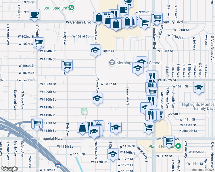 map of restaurants, bars, coffee shops, grocery stores, and more near 3518 West 108th Street in Inglewood