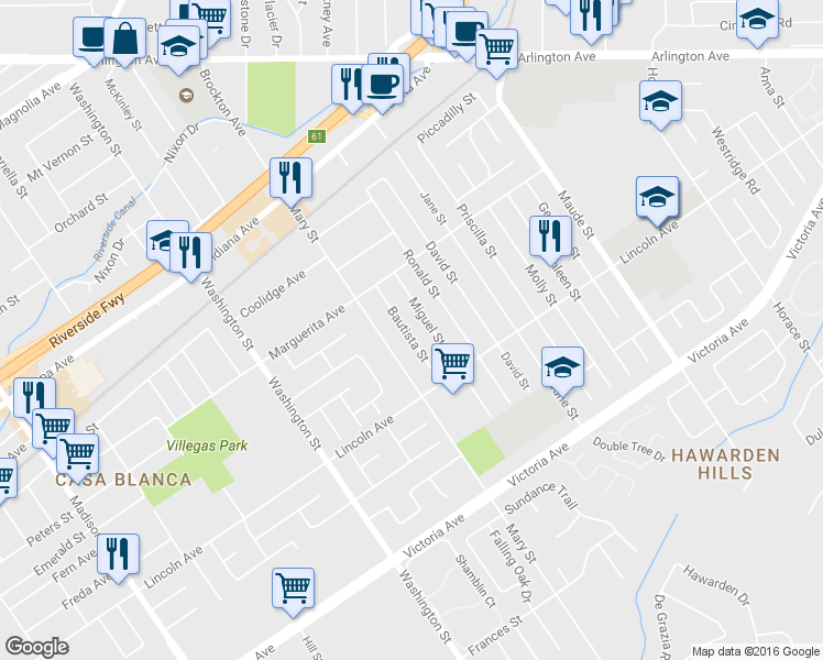 map of restaurants, bars, coffee shops, grocery stores, and more near 3005 Bautista Street in Riverside