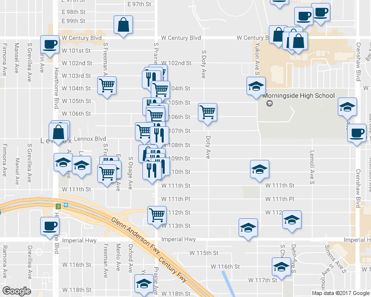 map of restaurants, bars, coffee shops, grocery stores, and more near 3856 West 108th Street in Inglewood